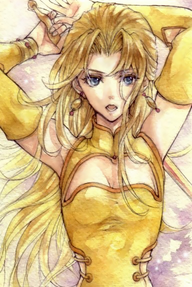 arms_up blonde_hair blue_eyes breasts celes_chere cleavage_cutout detached_sleeves earrings female final_fantasy final_fantasy_vi jewelry long_hair mochineko solo sword weapon
