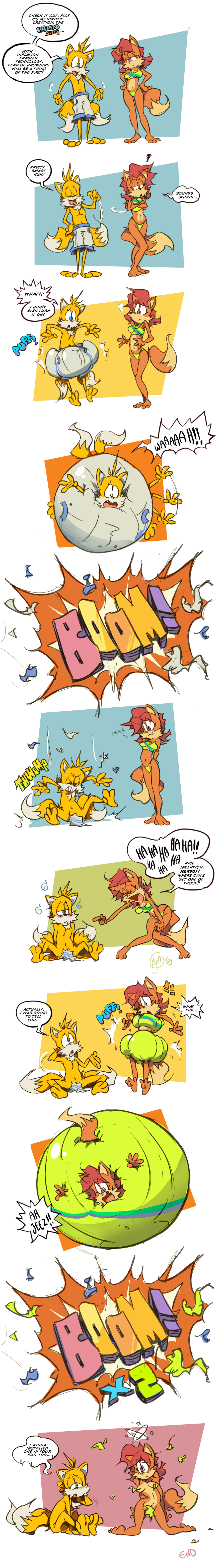 ! beach blush canine comic edtropolis female fiona_fox fox hi_res huge inflation invention male miles_prower seaside sonic_(series) swimsuit unimpressed