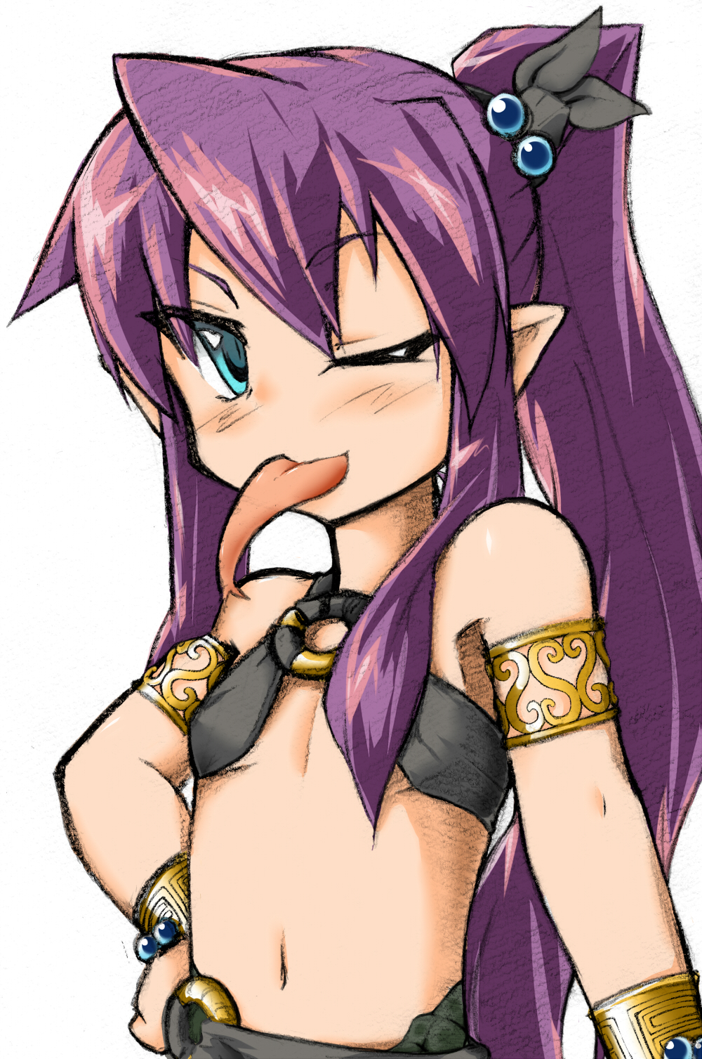;p blue_eyes blush bracelet charcoal flat_chest forked_tongue hair_bobbles hair_ornament hair_ribbon highres hitodama_(r-alternative) jewelry lamia long_hair mon-musu_quest! monster_girl navel one_eye_closed pointy_ears ponytail purple_hair ribbon smile solo tiny_lamia_(mon-musu_quest!) tongue tongue_out
