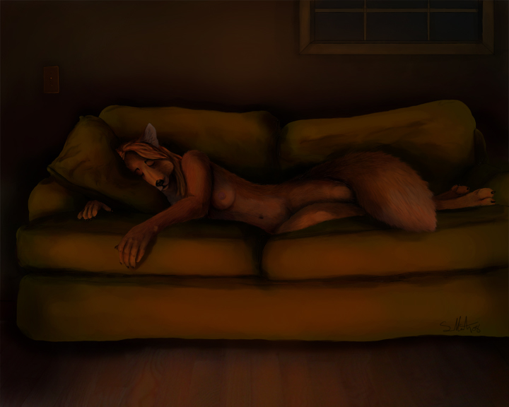 canine dark female firelight fox jazmyn listentotheraine nude sleeping sofa solo