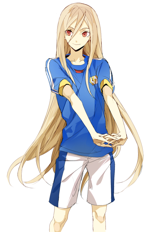 afuro_terumi androgynous blonde_hair feet_out_of_frame inazuma_eleven inazuma_eleven_(series) inazuma_japan interlocked_fingers izumi_(nagashi) lightning_bolt long_hair male_focus outstretched_arms red_eyes smile soccer_uniform solo sportswear standing stretch very_long_hair white_background