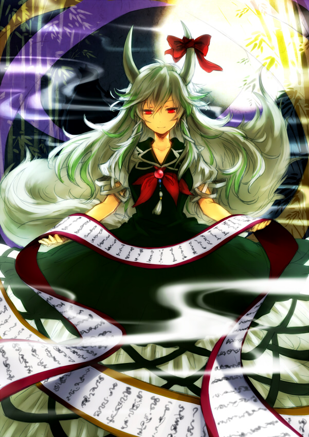 bamboo bamboo_forest banned_artist bow dress ex-keine forest full_moon gem green_hair hair_bow horn_ribbon horns kamishirasawa_keine long_hair moon nature red_eyes ria ribbon scroll silver_hair sitting smile smoke solo tail touhou