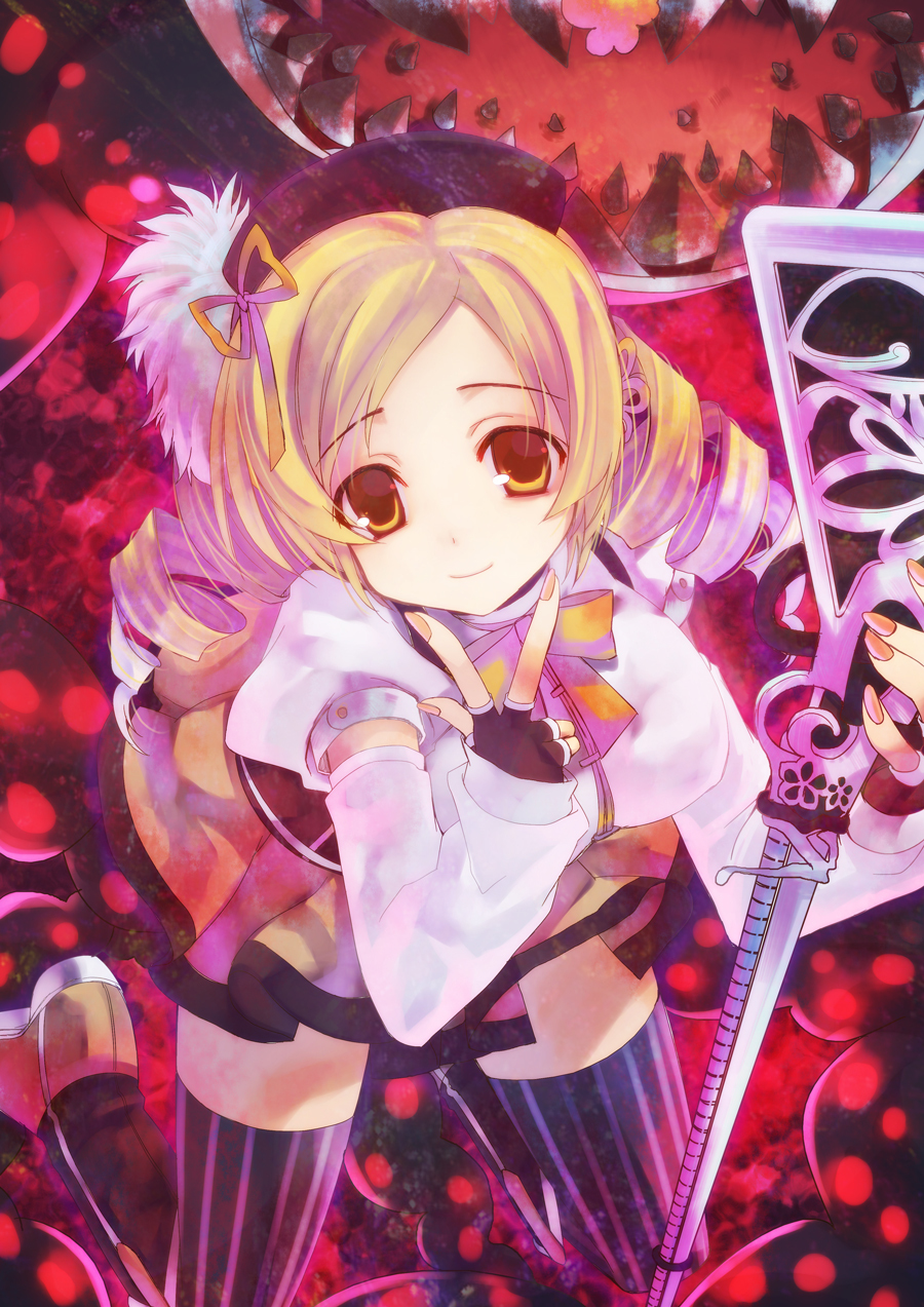 beret blonde_hair boots breasts charlotte_(madoka_magica) detached_sleeves drill_hair fingerless_gloves fingernails gloves gun hair_ornament hairpin hat highres kneeling large_breasts long_hair magical_girl magical_musket mahou_shoujo_madoka_magica pleated_skirt puffy_sleeves ribbon rifle skirt smile solo striped striped_legwear tahya thighhighs tomoe_mami twin_drills twintails vertical-striped_legwear vertical_stripes weapon yellow_eyes zettai_ryouiki