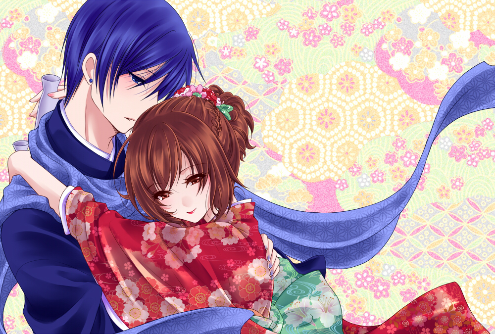 1girl alternate_hairstyle asa_no_ha_(pattern) couple floral_print hetero hexagon hug japanese_clothes kaito kimono meiko shippou_(pattern) tonyo_(milky_crown) vocaloid