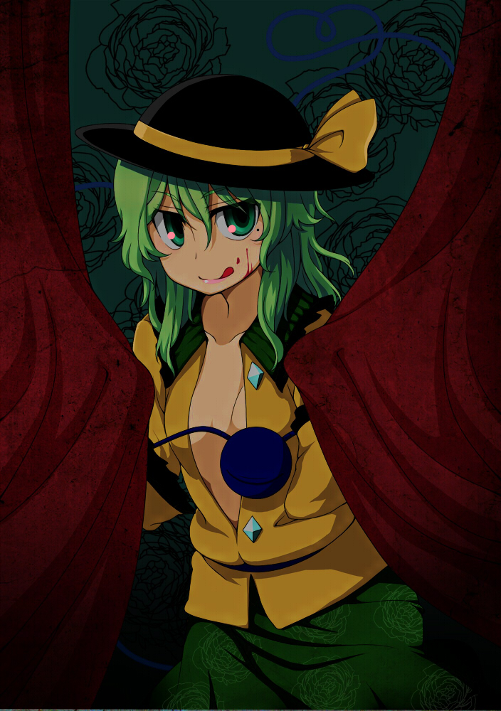 :q bad_id bad_pixiv_id blood breasts curtains green_eyes green_hair komeiji_koishi no_bra open_clothes open_shirt shirt small_breasts smile solo tongue tongue_out touhou tsuyadashi_shuuji