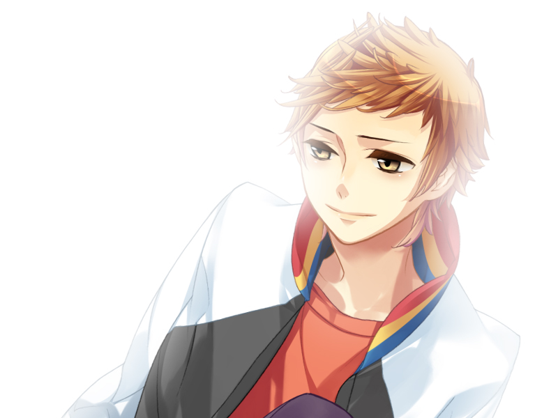 artist_request closed_mouth game_cg haruki_naoshi jacket male_focus open_clothes open_jacket shirt simple_background smile solo starry_sky_(game) t-shirt upper_body white_background