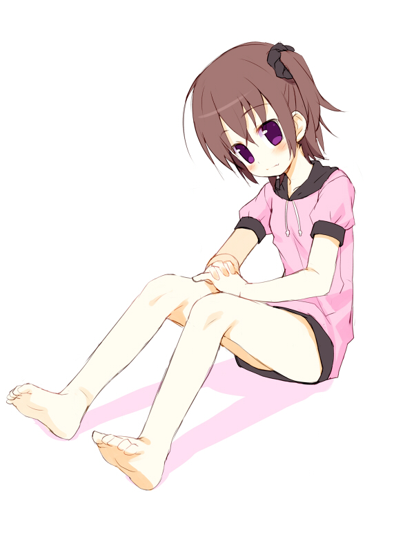 barefoot blush bottomless brown_hair feet full_body meito_(maze) one_side_up original purple_eyes short_hair solo