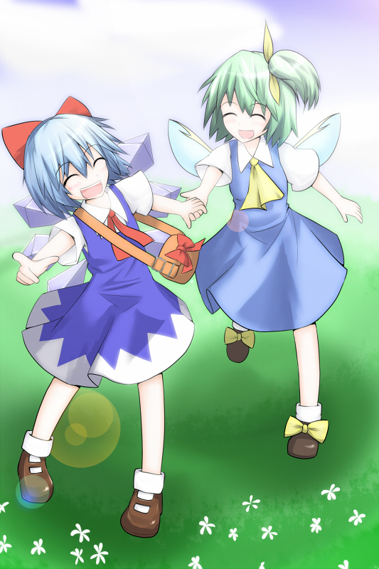 bag blue_hair bow cirno closed_eyes cloud daiyousei dress flower grass green_hair hair_bow hiro_(pqtks113) holding_hands laughing multiple_girls pointing ribbon shoes short_hair side_ponytail sky socks touhou wings