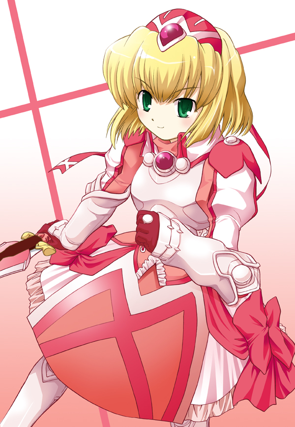 alexia_lynn_elesius armor armored_dress blonde_hair boots bow dress elbow_gloves gloves green_eyes hairband jewelry knight mutsuki_masato pink_background pink_bow pink_dress ribbon ring short_hair simple_background smile solo sword weapon wild_arms wild_arms_xf