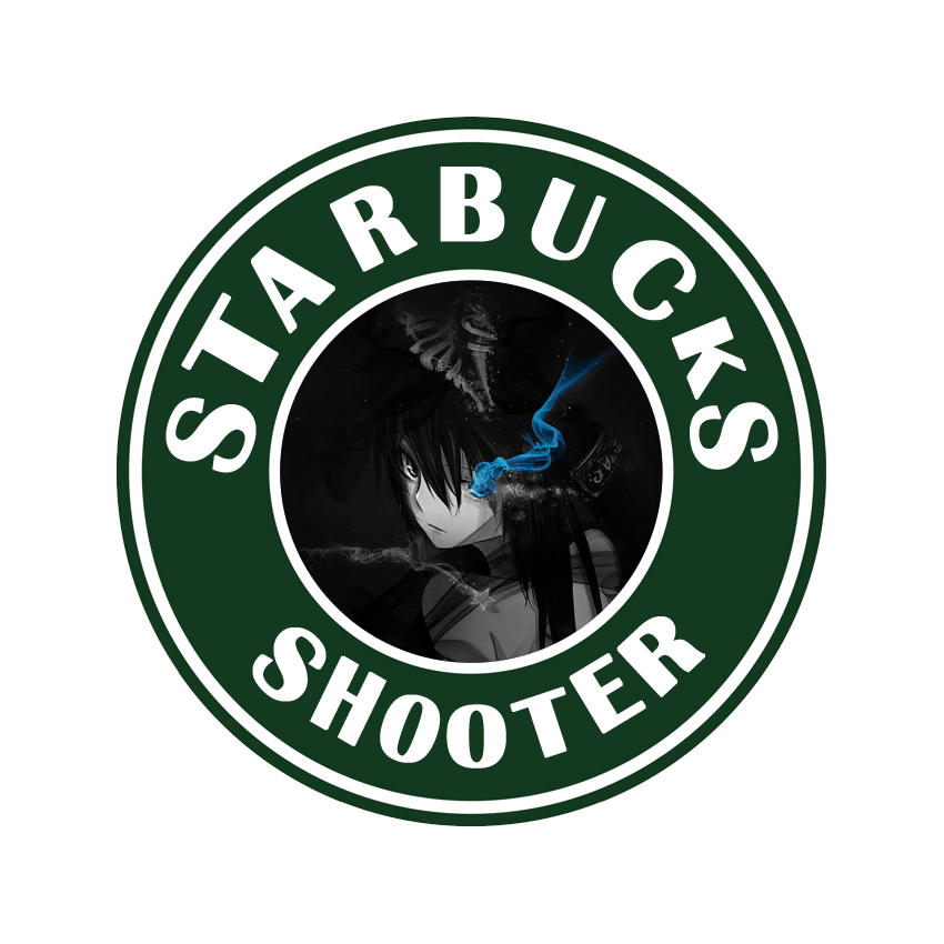 1girl black_rock_schooter black_rock_shooter black_rock_shooter_(character) female logo looking_at_viewer parody photoshop solo starbucks white_background