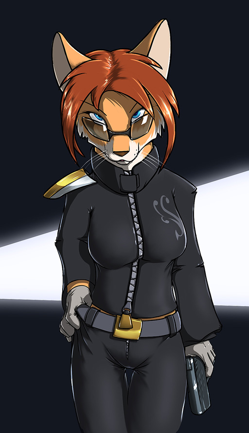 belt blue_eyes breasts canine chazcatrix eyewear female fox glasses gloves hair handgun mammal maria_rook red_hair shoulder_guards solo vixen weapon