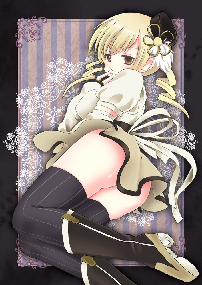 ass blonde_hair boots brown_eyes detached_sleeves drill_hair hair_ornament hand_to_own_mouth hat long_hair lying magical_girl mahou_shoujo_madoka_magica mamakari on_side solo striped striped_legwear thighhighs tomoe_mami vertical-striped_legwear vertical_stripes yellow_eyes