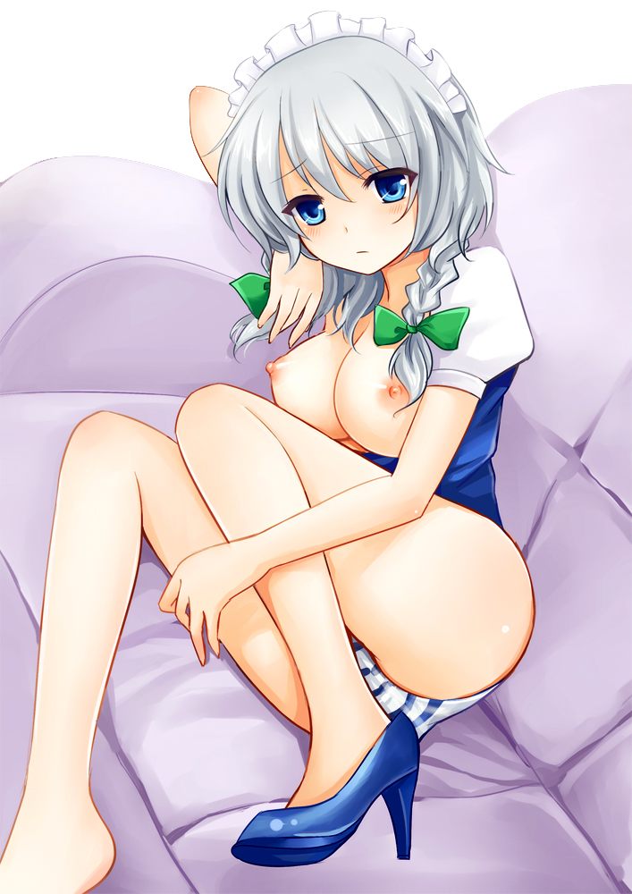 bare_legs barefoot blue_eyes blush braid breasts breasts_outside couch head_rest high_heels izayoi_sakuya leaning maid maid_headdress medium_breasts nikoo nipples panties shoes short_hair silver_hair single_shoe solo striped striped_panties touhou twin_braids underwear