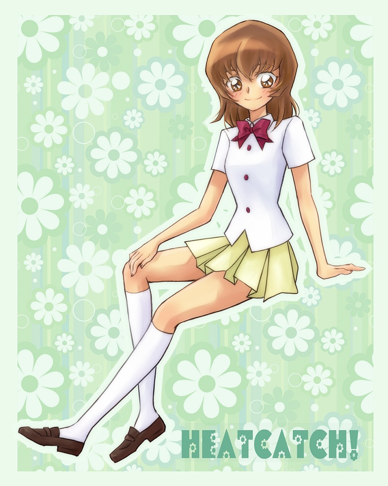 arm_support blush bow bowtie brown_eyes brown_hair copyright_name floral_background green_background heartcatch_precure! kneehighs loafers myoudou_gakuen_middle_school_uniform myoudouin_itsuki naka_(ez) precure school_uniform shoes short_hair sitting skirt solo white_legwear