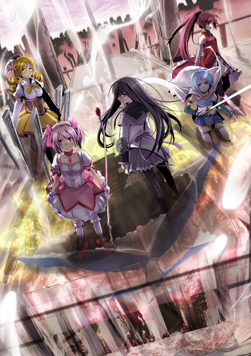 aikura_(twilight_dusk) akemi_homura argyle argyle_legwear bad_id bad_pixiv_id beret black_hair black_legwear blonde_hair boots bow_(weapon) brown_legwear detached_sleeves drill_hair dutch_angle from_above gun hair_ornament hairband hairpin hat kaname_madoka long_hair looking_at_viewer magical_girl magical_musket mahou_shoujo_madoka_magica miki_sayaka multiple_girls pantyhose pink_eyes pink_hair pleated_skirt polearm puffy_sleeves purple_eyes ribbon rifle sakura_kyouko short_hair skirt spear sword thighhighs tomoe_mami twin_drills twintails walpurgisnacht_(madoka_magica) weapon zettai_ryouiki