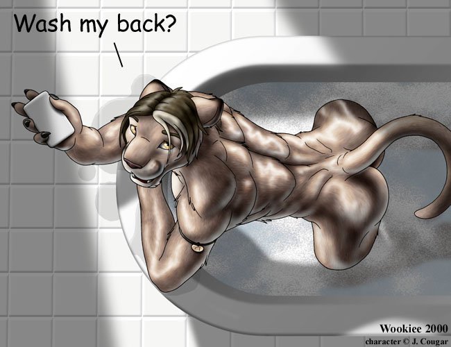 all_fours amber_eyes back bath bent_over brown_hair butt cougar dialogue english_text feline hair looking_at_viewer male nude open_mouth short_brown_hair short_hair soap solo tail wookiee