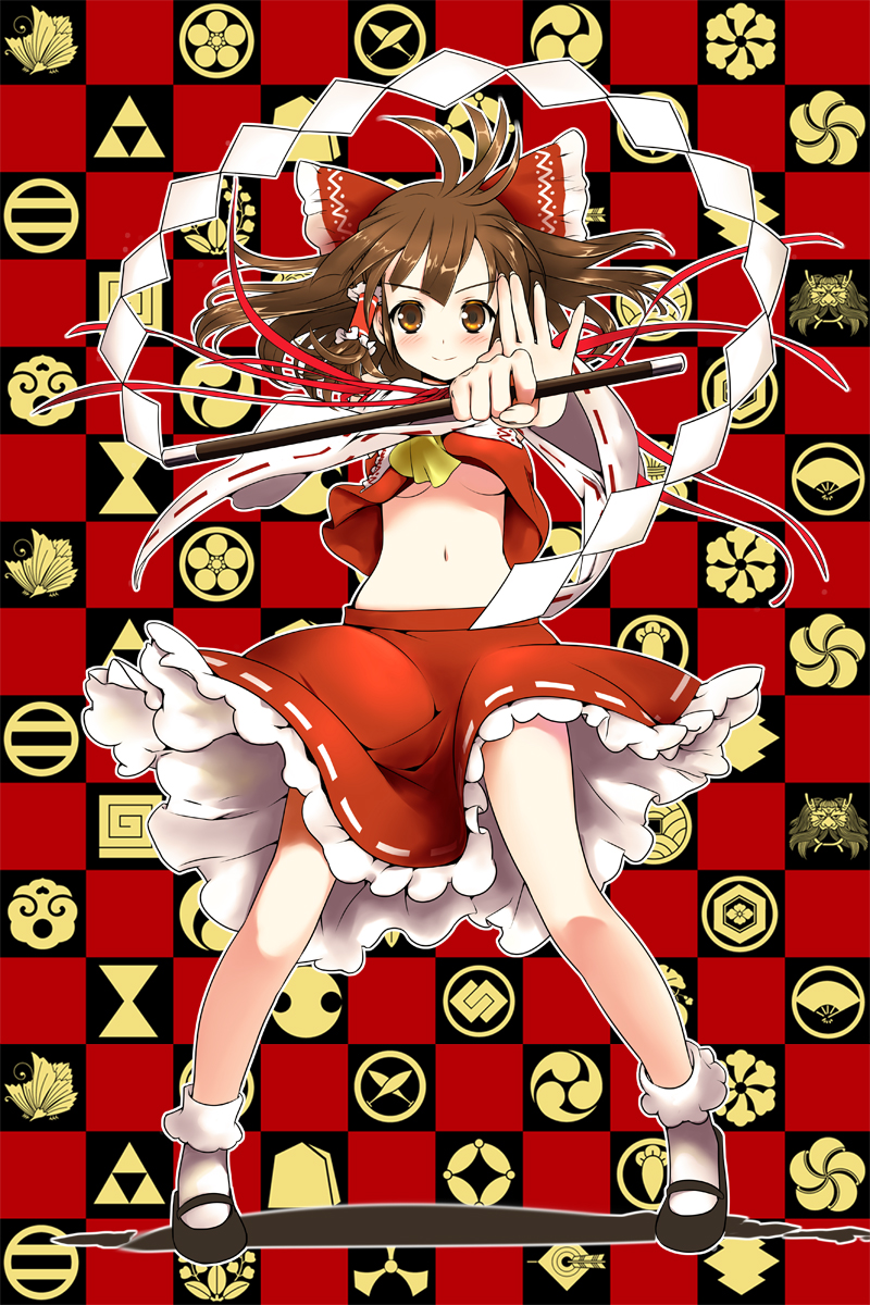 &gt;:) ascot bobby_socks bow breasts brown_eyes brown_hair crest detached_sleeves foreshortening gohei hair_bow hakurei_reimu hands highres mahan mary_janes midriff navel no_bra shoes short_hair small_breasts smile socks solo standing touhou underboob v-shaped_eyebrows wind