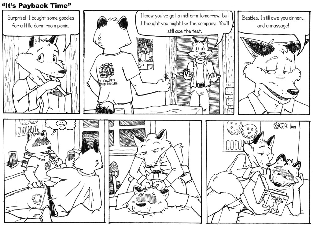 back_rub book canine chemistry closet_coon coconuts colin_young comic drink drinks english_text fox gay greyscale jeff-kun leafdog male mammal massage monochrome raccoon red_fox rubik's_cube rubik's_cube text uncolored