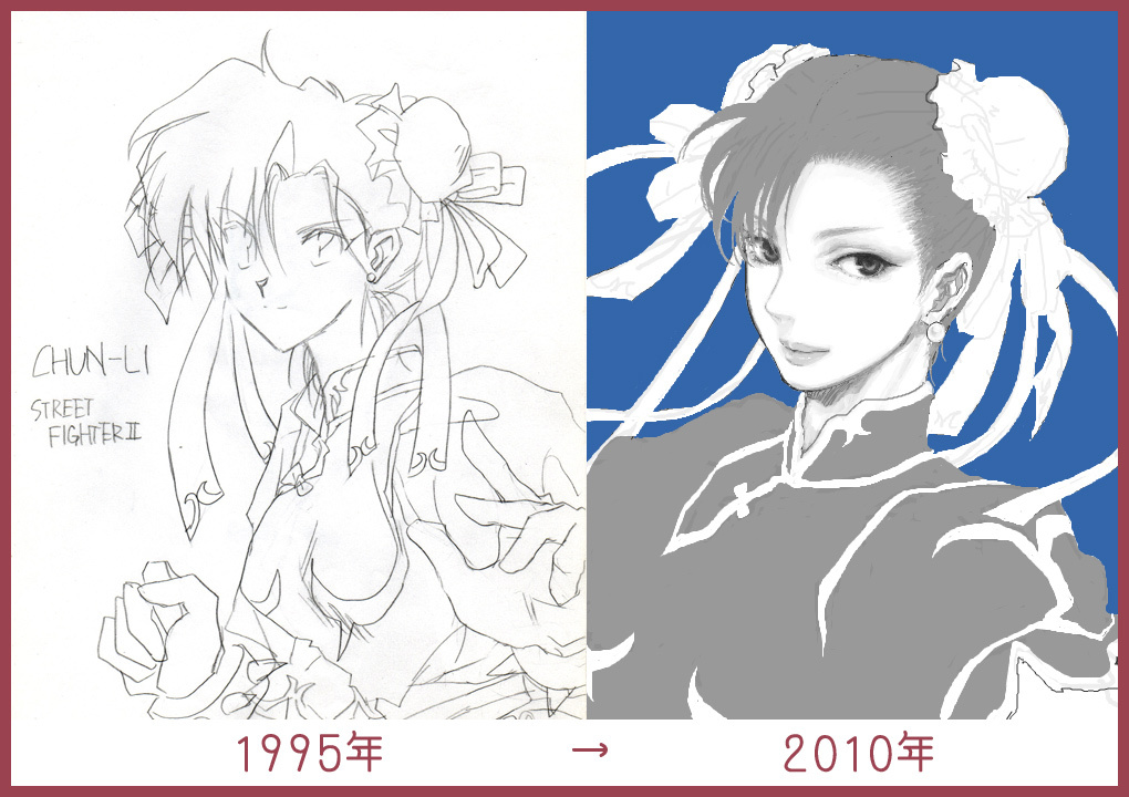 artist_progress aryata before_and_after border bun_cover china_dress chinese_clothes chun-li double_bun dress earrings eyeshadow jewelry lips makeup monochrome red_border sketch street_fighter