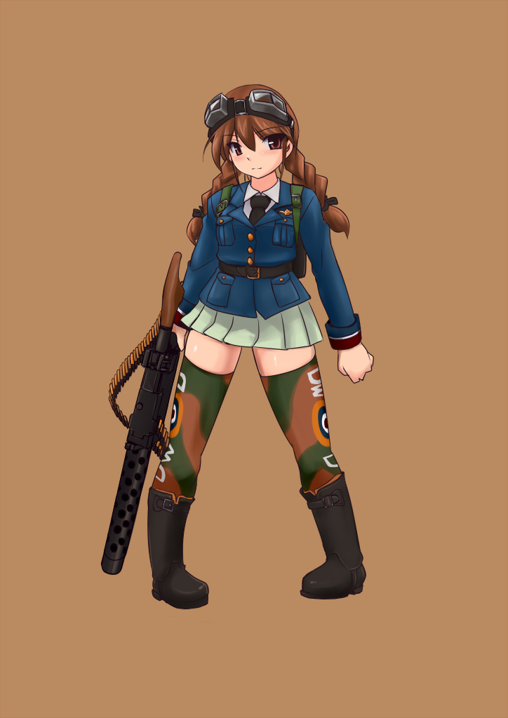 aircraft airplane ammunition_belt boots braid brown_background brown_eyes brown_hair goggles goggles_on_head gun hair_ribbon machine_gun mecha_musume military military_uniform necktie original personification pigeon-toed ribbon simple_background solo spitfire_(airplane) thighhighs tokihama_jirou twin_braids uniform weapon world_war_ii zettai_ryouiki