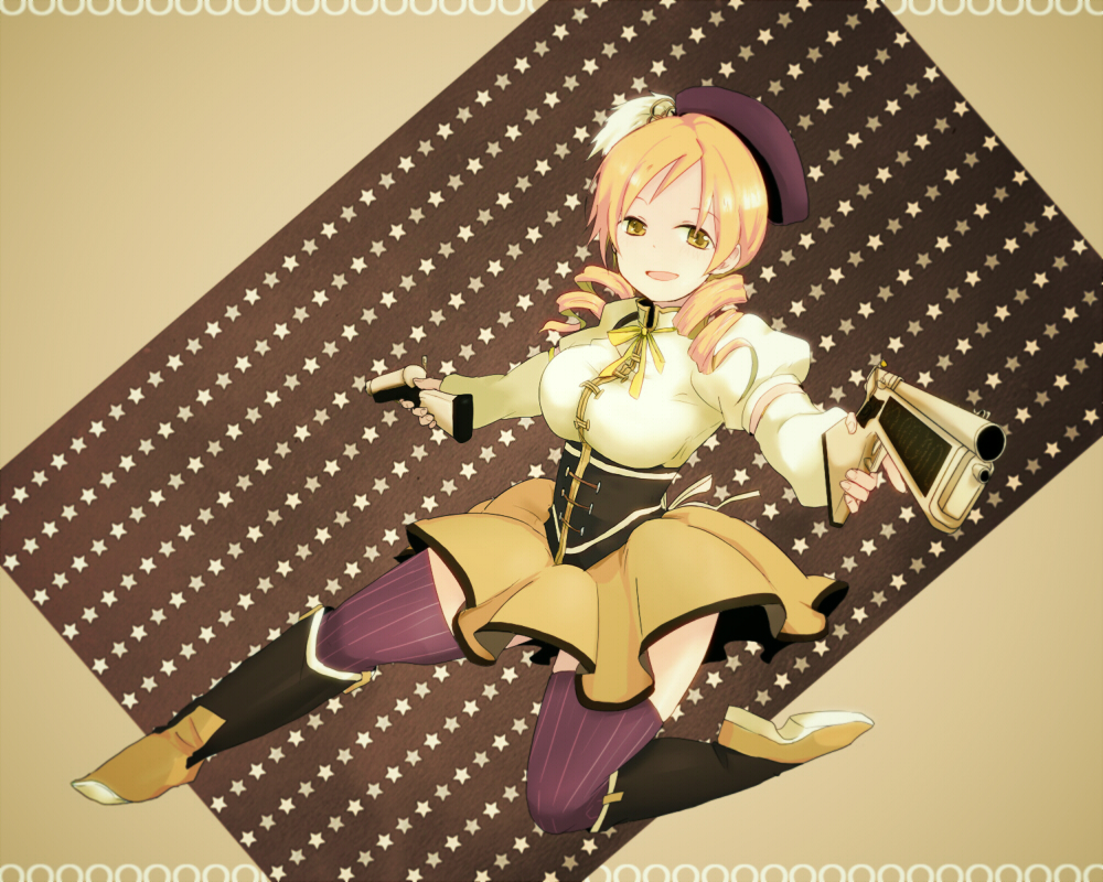 ake_(harlequin) bad_id bad_pixiv_id beret blonde_hair boots breasts detached_sleeves drill_hair dual_wielding gun hair_ornament hat holding large_breasts magical_girl magical_musket mahou_shoujo_madoka_magica pleated_skirt puffy_sleeves rifle skirt solo star thighhighs tomoe_mami trigger_discipline weapon yellow_eyes