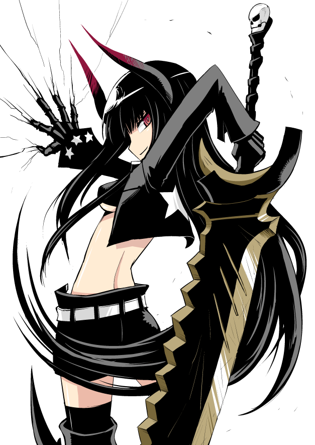 bikini_top black_gold_saw black_hair black_rock_shooter horns king_saw kurakumo_nue long_hair pale_skin red_eyes shorts smile solo sword weapon