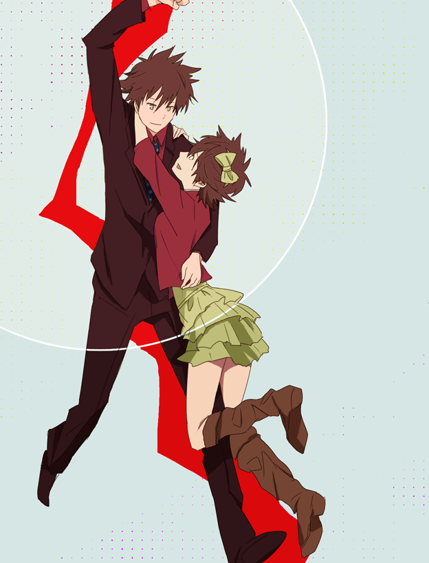 1girl 8_(8x8x) bad_id bad_pixiv_id boots bow brown_hair durarara!! eye_contact formal fujisaki_yuusuke hair_bow looking_at_another necktie sket_dance suit trust_me