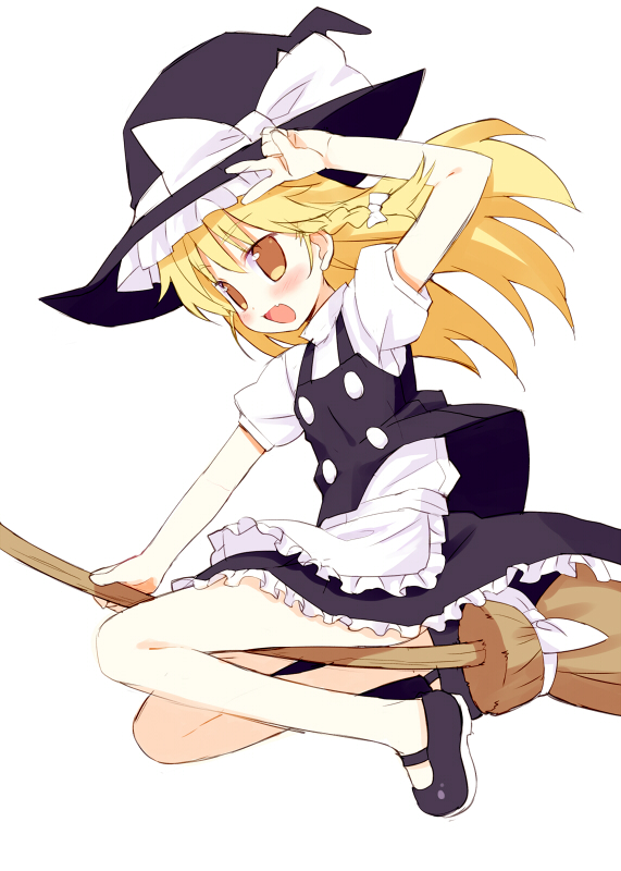 blonde_hair blush broom hat kirisame_marisa long_hair mary_janes meito_(maze) no_socks shoes solo touhou v witch_hat yellow_eyes