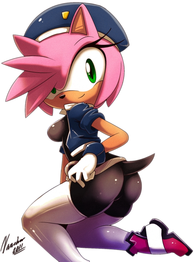 amy_rose butt female gloves green_eyes hair hedgehog jacket legwear looking_at_viewer mammal nancher pink pink_body pink_hair plain_background police police_uniform sega solo sonic_(series) stockings tail uniform white_background