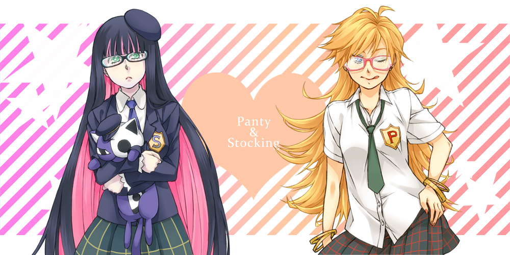 ;p glasses one_eye_closed panty_&amp;_stocking_with_garterbelt panty_(character) panty_(psg) school_uniform stocking_(character) stocking_(psg) tongue tongue_out wink