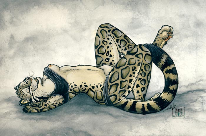 bottomless breasts clouded_leopard curled_toes eyes_closed feline female masturbation nipple_slip on_back pants pants_down reclining semi_nude shirt_up solo tail tani_da_real