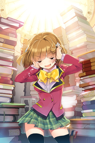 black_legwear blazer blush book book_focus book_stack book_tower bow bowtie brown_hair cherrypin closed_eyes covering_ears frustrated jacket library long_sleeves lowres lucca plaid plaid_skirt school school_uniform short_hair skirt solo sword_girls tears thighhighs too_many too_many_books zettai_ryouiki