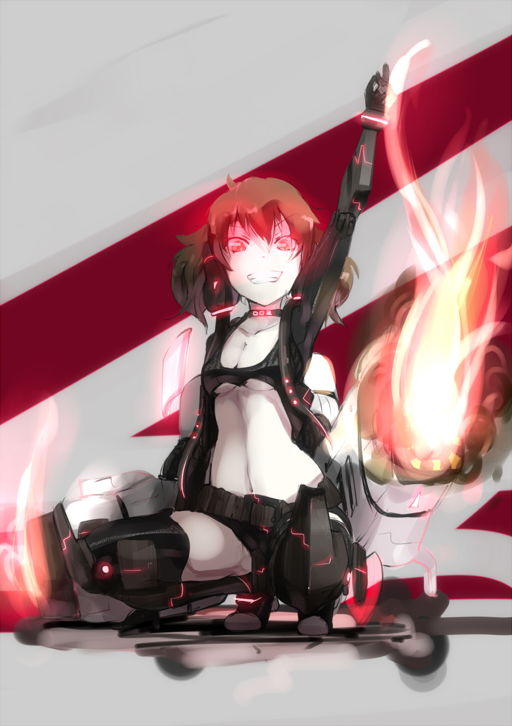 arm_up bad_id bad_pixiv_id belt choker fire glowing glowing_eyes grin highres midriff navel ogipote original red_hair short_hair shorts smile solo sports_bra squatting thighhighs twintails