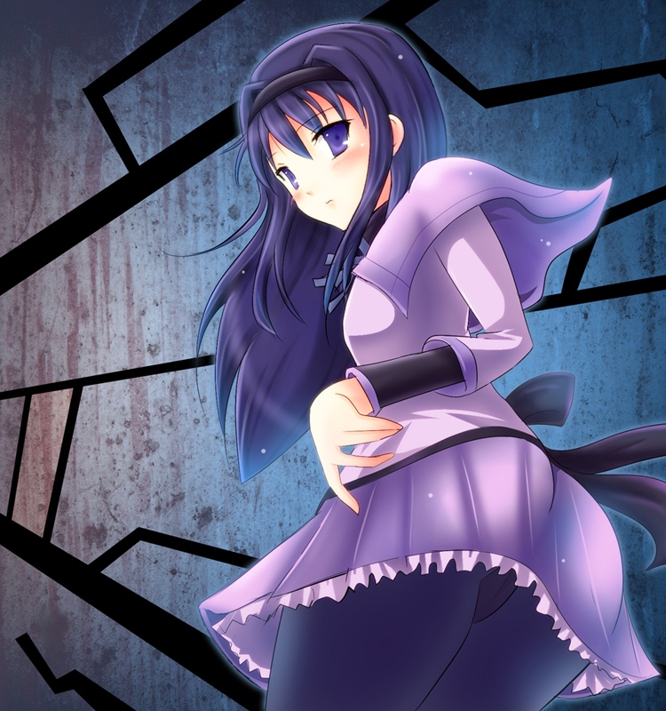 akemi_homura ass black_hair hairband long_hair looking_back magical_girl mahou_shoujo_madoka_magica panties panties_under_pantyhose pantyhose pantyshot pleated_skirt purple_eyes purple_skirt ryusei2u skirt solo underwear