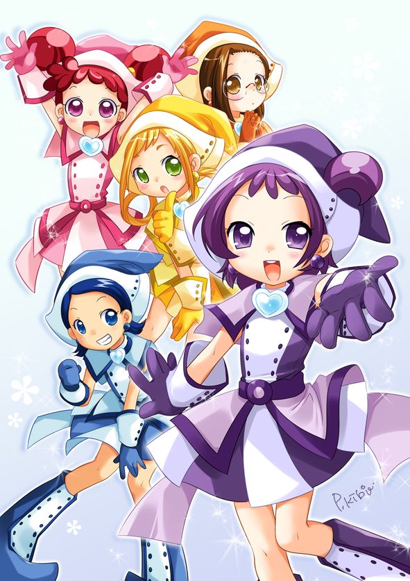 :d asuka_momoko bad_id bad_pixiv_id blonde_hair blue_footwear blue_hair blue_skirt boots brown_hair fujiwara_hazuki glasses grin harukaze_doremi hat multiple_girls ojamajo_doremi open_mouth outstretched_hand p.kibi pink_hair pink_hat purple_hair purple_skirt segawa_onpu senoo_aiko short_hair skirt smile twintails witch witch_hat