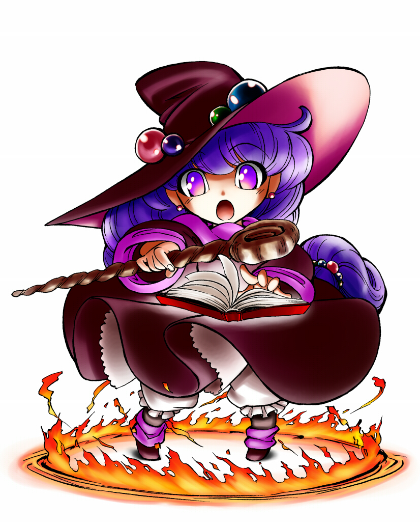 :o ahoge book dress eibon fire full_body hat holding holding_wand jewelry long_hair low-tied_long_hair magic monster_maker open_mouth purple_eyes purple_hair rufia_(monster_maker) shoes simple_background solo wand white_background witch witch_hat