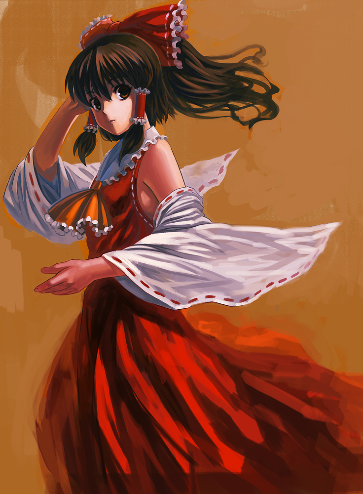 ascot bad_id bad_pixiv_id bow brown_eyes brown_hair detached_sleeves hair_bow hair_ornament hakurei_reimu long_hair rin-t_(superhornet) solo touhou