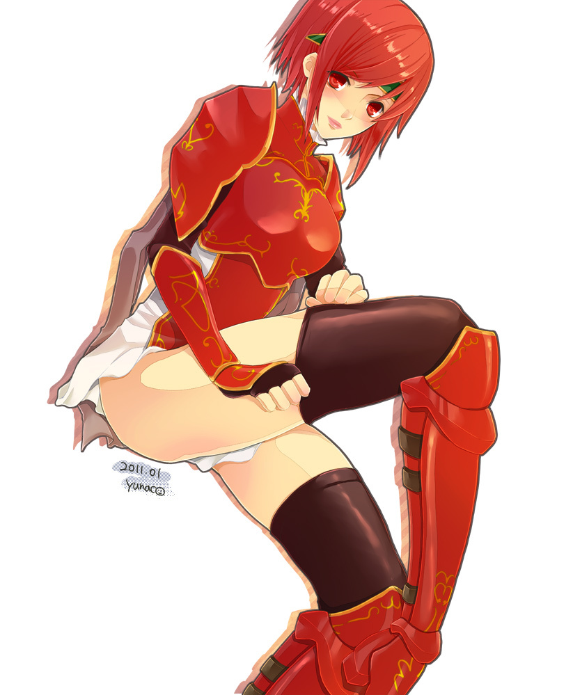2011 armor bad_id bad_pixiv_id fingerless_gloves fire_emblem fire_emblem:_monshou_no_nazo gloves headband minerva_(fire_emblem) panties red_armor red_eyes red_hair short_hair simple_background solo thighhighs underwear white_background yunako_(artist)