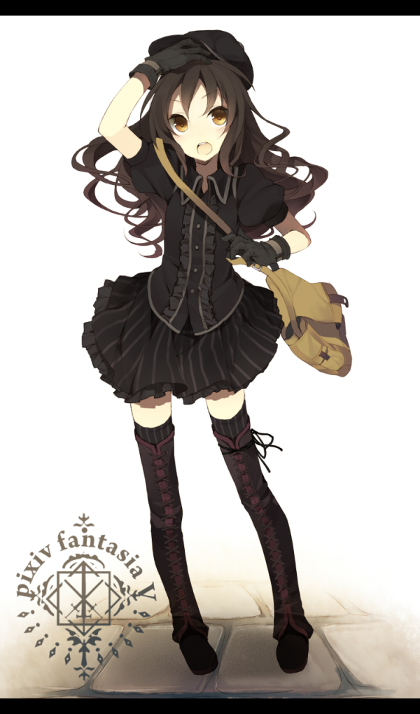 bag beret black_gloves black_hair boots gloves hand_on_own_head hat hat_removed headwear_removed hijiri_(resetter) letterboxed long_hair looking_up open_mouth orange_eyes pixiv_fantasia pixiv_fantasia_5 shoulder_bag simple_background skirt solo strap striped thigh_boots thighhighs wavy_hair zettai_ryouiki