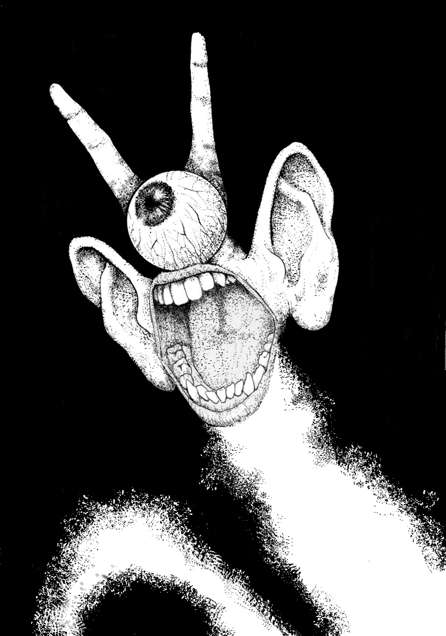 bin_(pixiv_4387) creature ears eye eyeball eyes fingers flying highres monochrome mouth open_mouth teeth traditional_media what