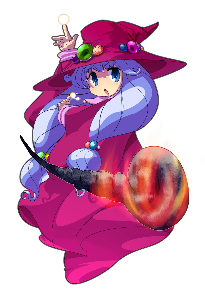 :o blue_eyes dress fire full_body hat jewelry long_hair low-tied_long_hair magic monster_maker open_mouth purple_hair rufia_(monster_maker) simple_background solo twintails wand white_background witch witch_hat yakibuta_(shimapow)