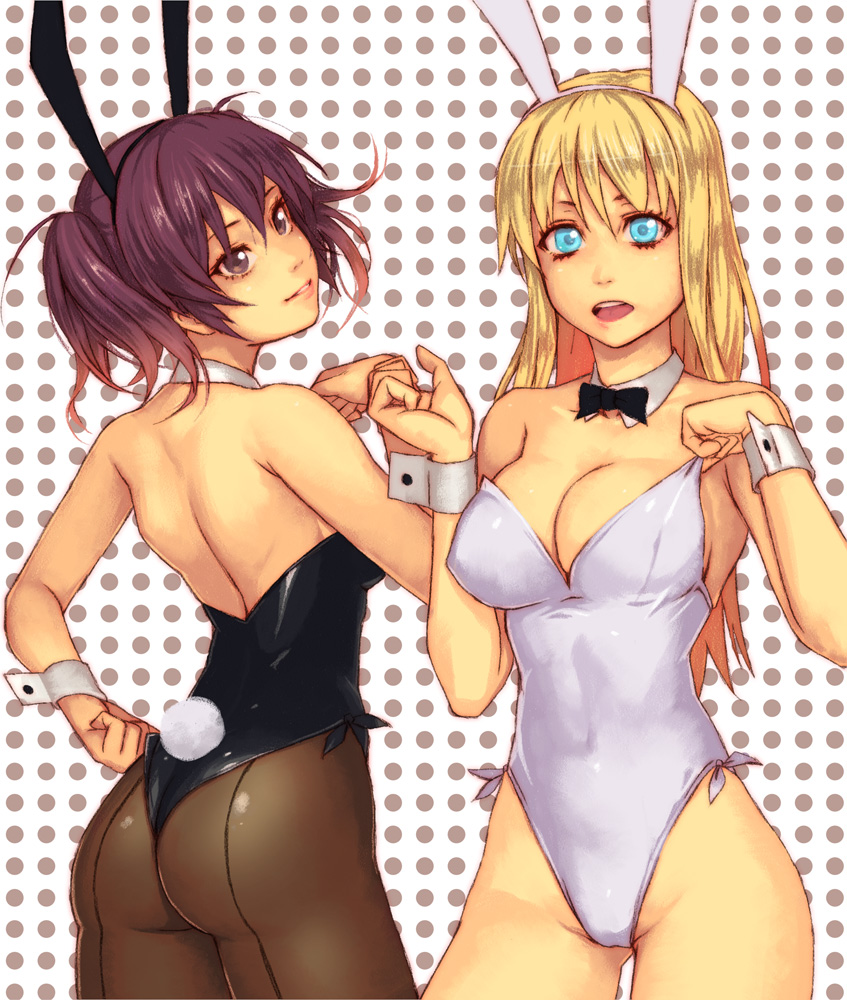 animal_ears ass back back-seamed_legwear backless_outfit bags_under_eyes bare_back bare_legs bare_shoulders breasts bunny_ears bunnysuit cleavage detached_collar large_breasts medium_breasts multiple_girls mustard_seeds original pantyhose seamed_legwear wrist_cuffs yuuji_(and)