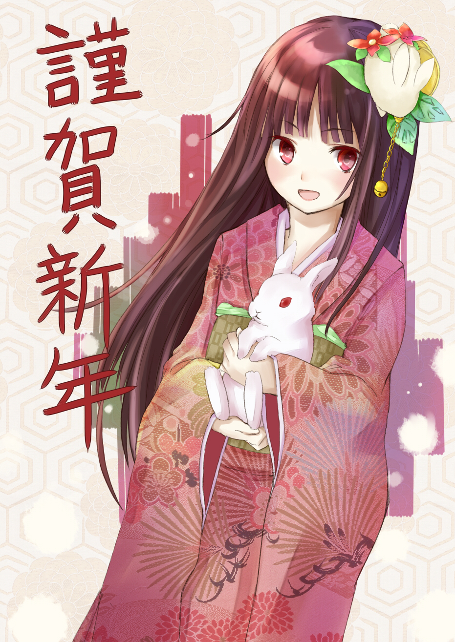 2011 blush brown_hair bunny furisode hair_ornament hangetsuakibarika hexagon highres japanese_clothes kimono long_hair new_year open_mouth original red_eyes solo translated