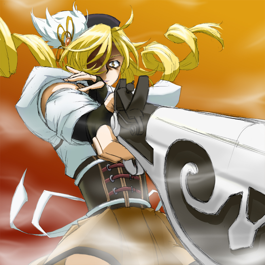 beret blonde_hair detached_sleeves drill_hair fingerless_gloves foreshortening gloves gun hair_ornament hair_over_one_eye hairpin hat huziki1979hiro0818 magical_girl magical_musket mahou_shoujo_madoka_magica pleated_skirt puffy_sleeves ribbon rifle sketch skirt solo tomoe_mami twin_drills twintails weapon yellow_eyes