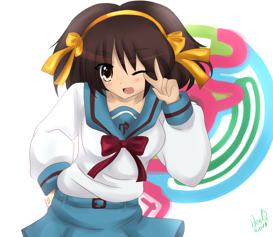 bad_anatomy brown_eyes brown_hair hair_ribbon hairband kita_high_school_uniform ribbon school_uniform serafuku solo suzumiya_haruhi suzumiya_haruhi_no_yuuutsu werq1996