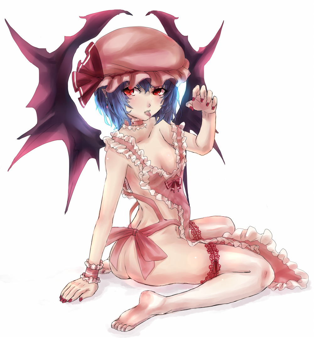 apron ass bad_id bad_pixiv_id bat_wings blood blue_hair breasts choker earrings feet hat jewelry looking_back nail_polish naked_apron panzer pointy_ears red_eyes remilia_scarlet short_hair simple_background sitting sketch small_breasts solo thighhighs tongue touhou wariza wings wrist_cuffs