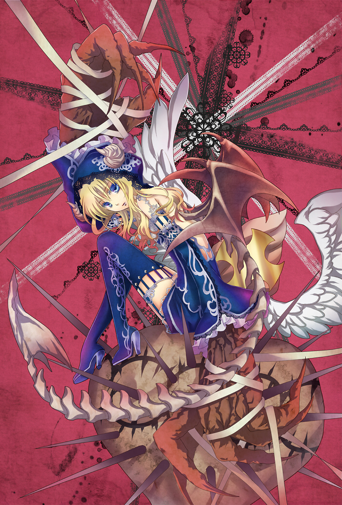bad_id bad_pixiv_id blonde_hair blue_eyes boots horns nitou_akane original solo thigh_boots thighhighs wings