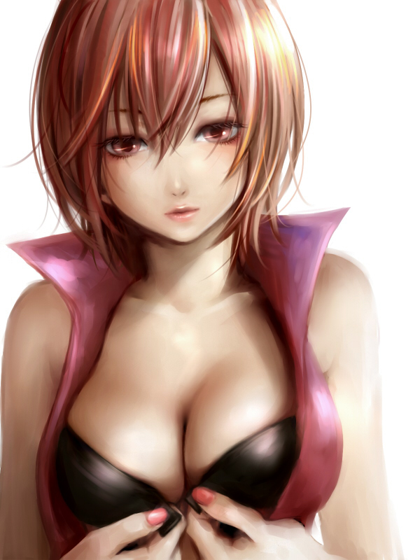 ao+beni bad_id bad_pixiv_id bare_shoulders bra breasts brown_eyes brown_hair cleavage large_breasts lingerie meiko short_hair simple_background solo underwear undressing vocaloid white_background