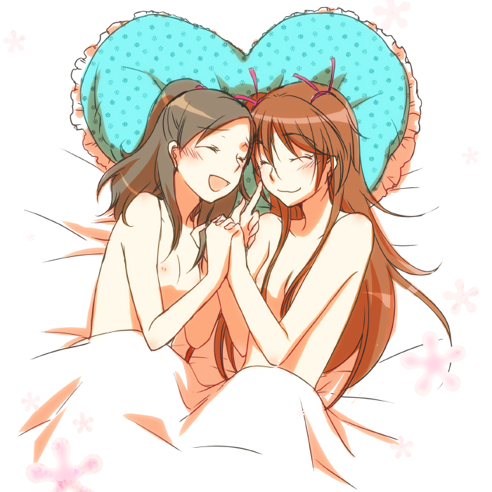 :d bed blanket blush closed_eyes couple finger_to_face frilled_pillow frills half_updo happy heart heart_pillow holding_hands houjou_hibiki lying minamino_kanade multiple_girls naked_sheet nude open_mouth pillow precure sekihara_umina smile suite_precure two_side_up under_covers yuri
