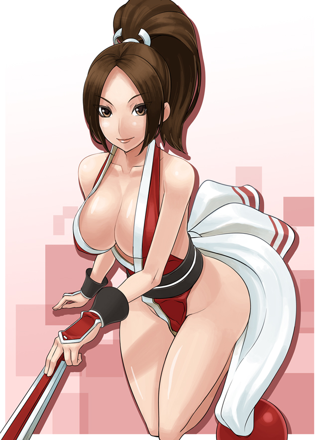 breasts brown_eyes brown_hair cleavage closed_fan fan fatal_fury folding_fan large_breasts nek pelvic_curtain ponytail revealing_clothes samurai_spirits shiranui_mai solo the_king_of_fighters